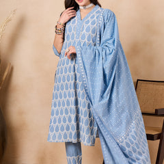 Ethnic Motifs Embroidered Pure Cotton Kurta with Trousers & With Dupatta Kurta Set