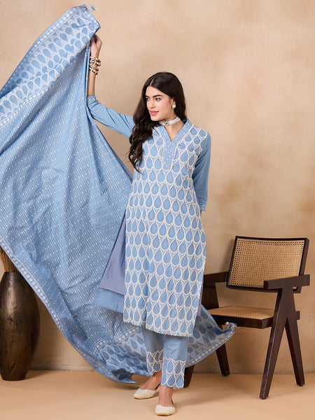 Ethnic Motifs Embroidered Pure Cotton Kurta with Trousers & With Dupatta Kurta Set