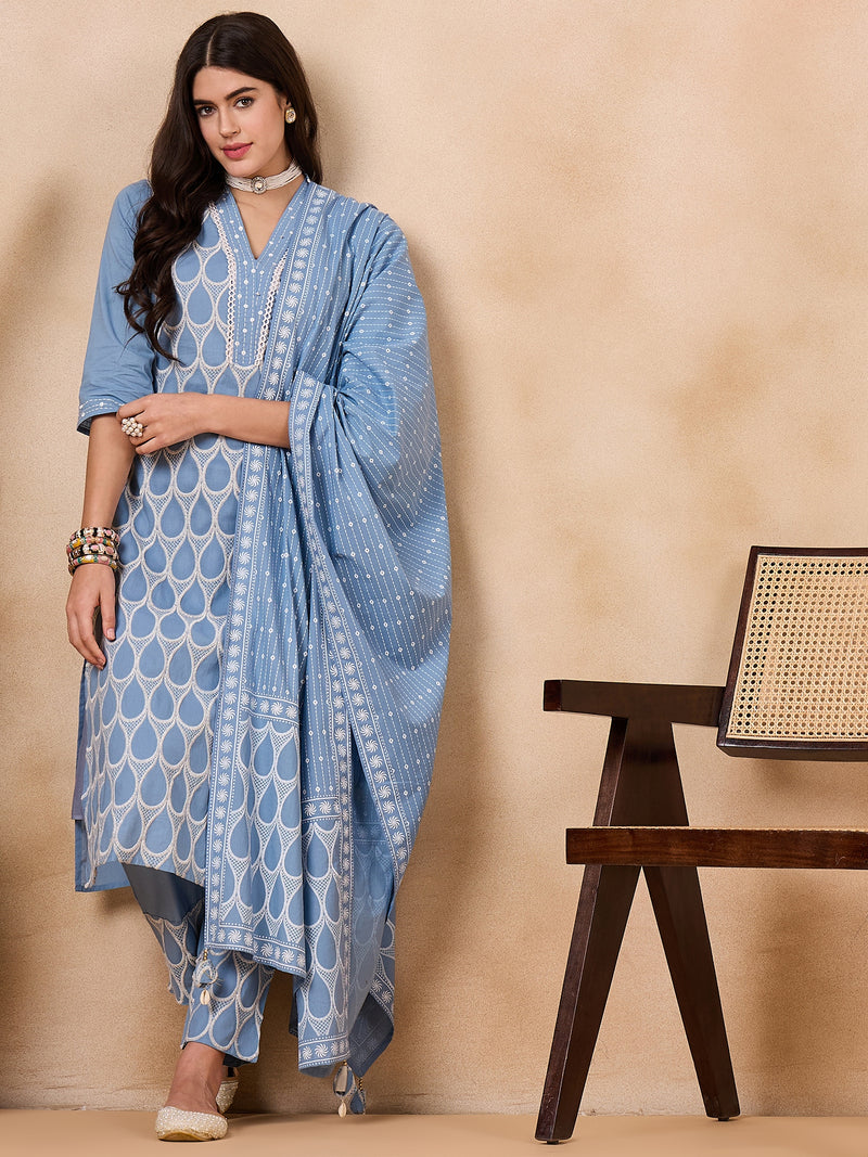 Ethnic Motifs Embroidered Pure Cotton Kurta with Trousers & With Dupatta Kurta Set