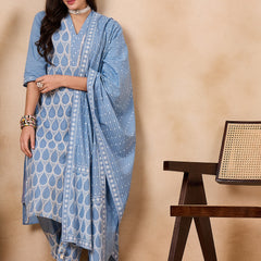Ethnic Motifs Embroidered Pure Cotton Kurta with Trousers & With Dupatta Kurta Set