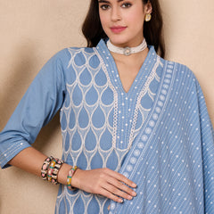 Ethnic Motifs Embroidered Pure Cotton Kurta with Trousers & With Dupatta Kurta Set