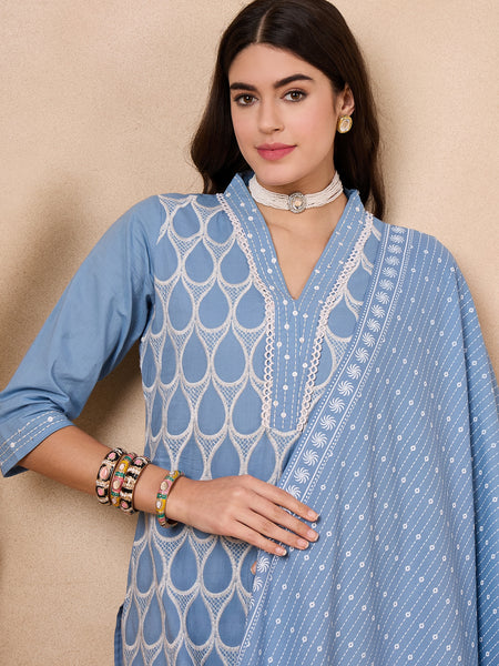Ethnic Motifs Embroidered Pure Cotton Kurta with Trousers & With Dupatta Kurta Set