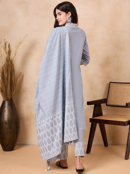 Ethnic Motifs Embroidered Pure Cotton Kurta with Trousers & With Dupatta Kurta Set