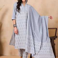 Ethnic Motifs Embroidered Pure Cotton Kurta with Trousers & With Dupatta Kurta Set