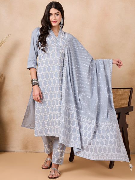 Ethnic Motifs Embroidered Pure Cotton Kurta with Trousers & With Dupatta Kurta Set