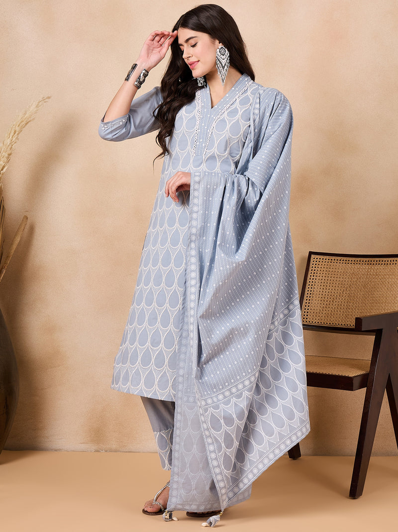 Ethnic Motifs Embroidered Pure Cotton Kurta with Trousers & With Dupatta Kurta Set
