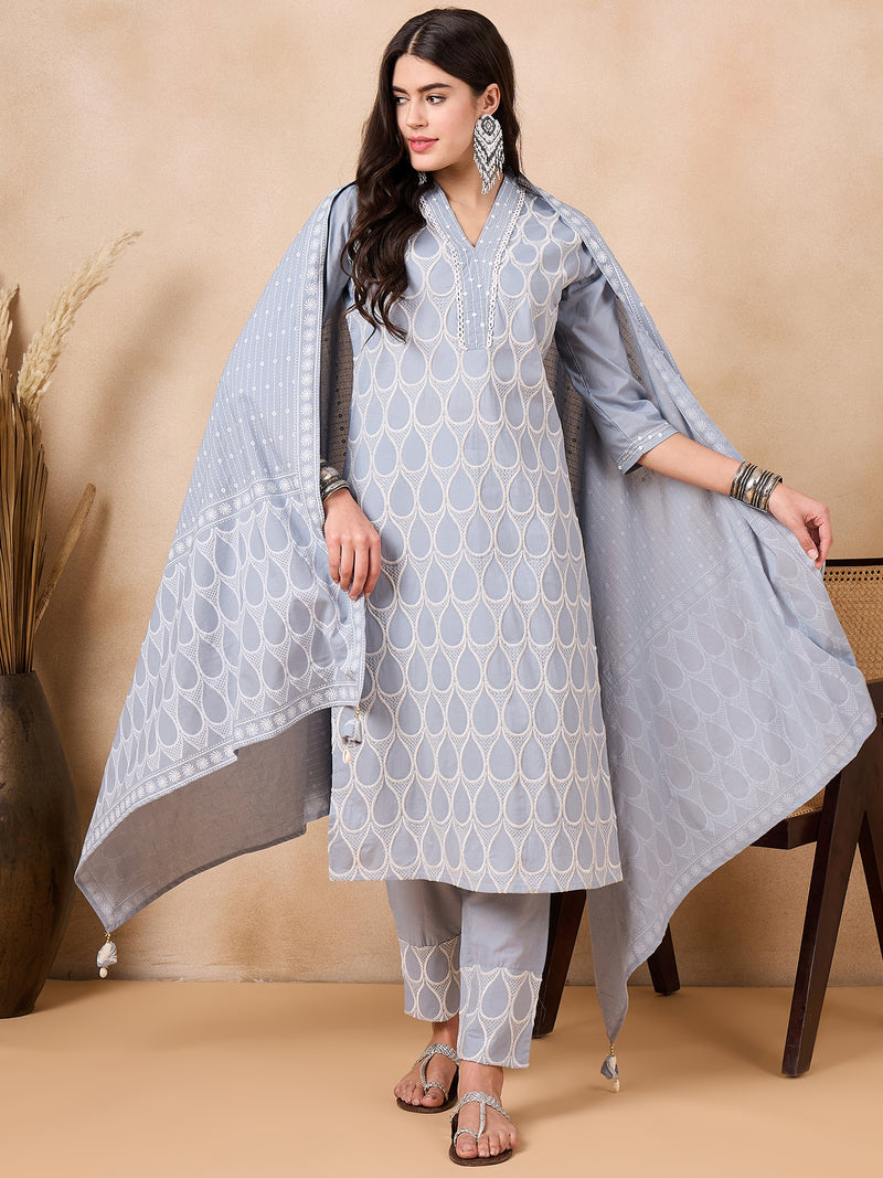 Ethnic Motifs Embroidered Pure Cotton Kurta with Trousers & With Dupatta Kurta Set