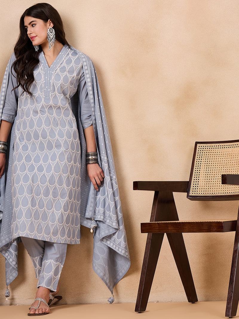 Ethnic Motifs Embroidered Pure Cotton Kurta with Trousers & With Dupatta Kurta Set