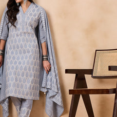 Ethnic Motifs Embroidered Pure Cotton Kurta with Trousers & With Dupatta Kurta Set
