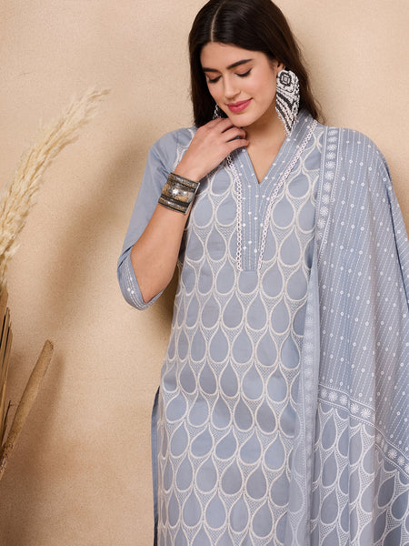 Ethnic Motifs Embroidered Pure Cotton Kurta with Trousers & With Dupatta Kurta Set