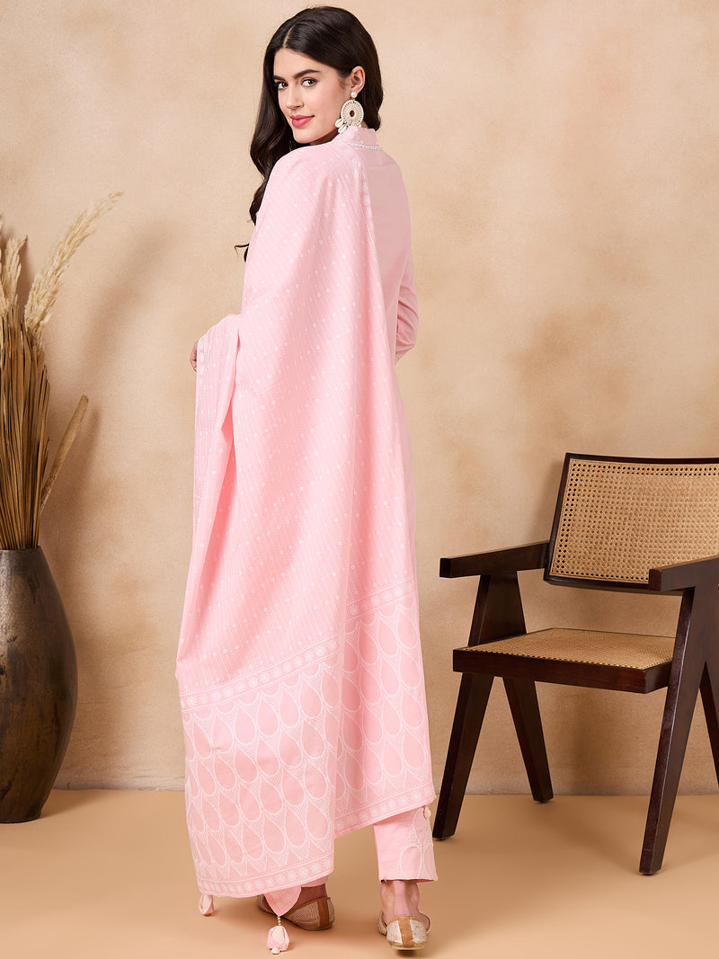 Ethnic Motifs Embroidered Pure Cotton Kurta with Trousers & With Dupatta Kurta Set
