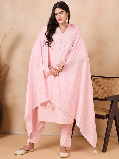 Ethnic Motifs Embroidered Pure Cotton Kurta with Trousers & With Dupatta Kurta Set