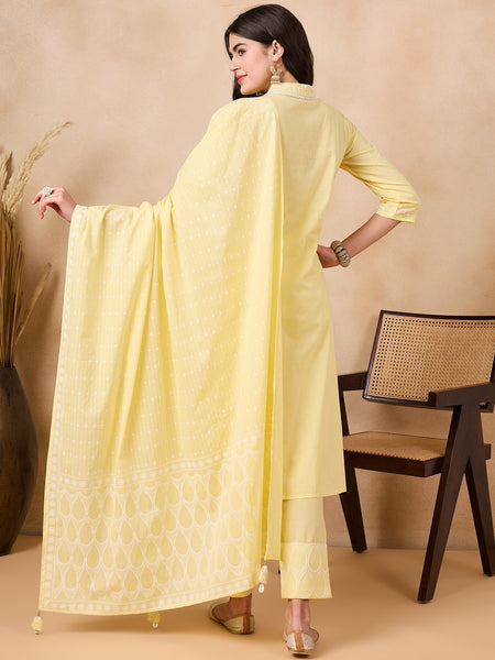 Ethnic Motifs Embroidered Pure Cotton Kurta with Trousers & With Dupatta Kurta Set