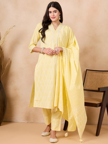 Ethnic Motifs Embroidered Pure Cotton Kurta with Trousers & With Dupatta Kurta Set