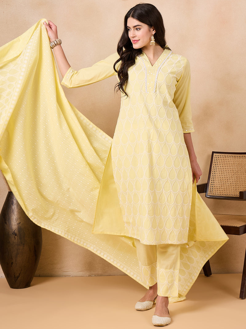 Ethnic Motifs Embroidered Pure Cotton Kurta with Trousers & With Dupatta Kurta Set