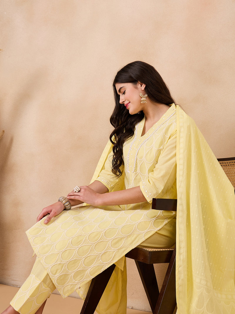 Ethnic Motifs Embroidered Pure Cotton Kurta with Trousers & With Dupatta Kurta Set
