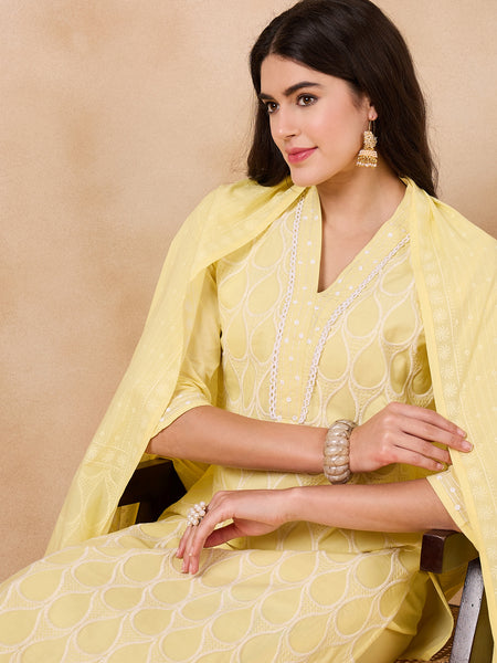 Ethnic Motifs Embroidered Pure Cotton Kurta with Trousers & With Dupatta Kurta Set