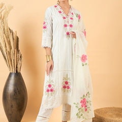 Pure Cotton Floral Embroidered Kurta with Trouser & Dupatta Kurta Set