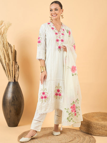 Pure Cotton Floral Embroidered Kurta with Trouser & Dupatta Kurta Set