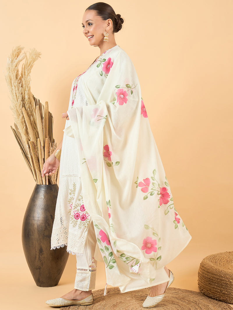 Pure Cotton Floral Embroidered Kurta with Trouser & Dupatta Kurta Set