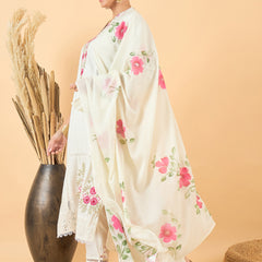 Pure Cotton Floral Embroidered Kurta with Trouser & Dupatta Kurta Set