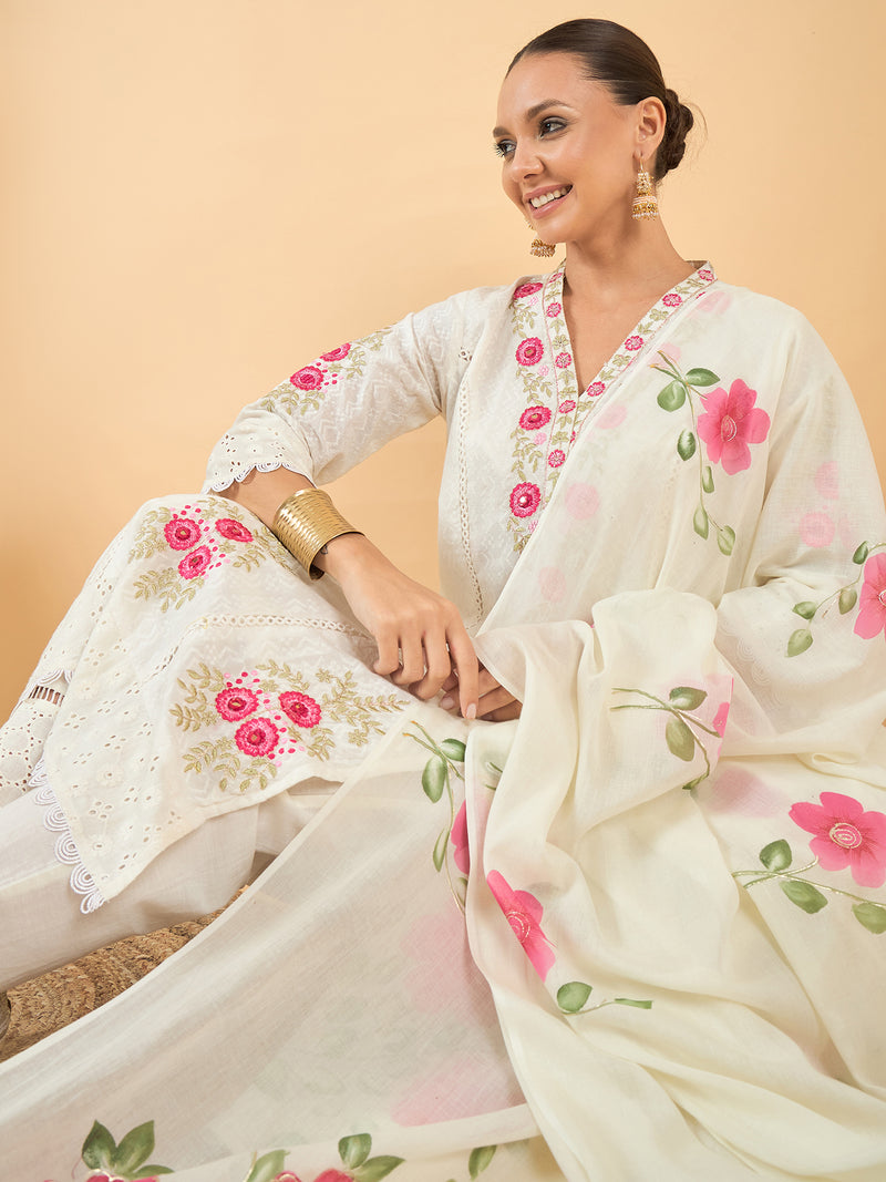 Pure Cotton Floral Embroidered Kurta with Trouser & Dupatta Kurta Set