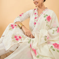 Pure Cotton Floral Embroidered Kurta with Trouser & Dupatta Kurta Set