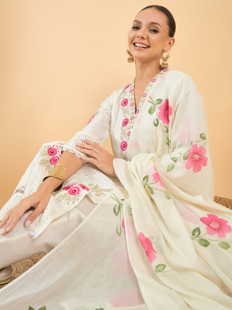Pure Cotton Floral Embroidered Kurta with Trouser & Dupatta Kurta Set
