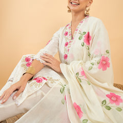 Pure Cotton Floral Embroidered Kurta with Trouser & Dupatta Kurta Set