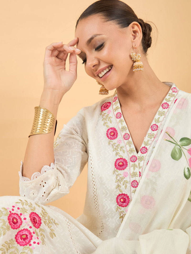 Pure Cotton Floral Embroidered Kurta with Trouser & Dupatta Kurta Set