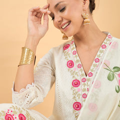 Pure Cotton Floral Embroidered Kurta with Trouser & Dupatta Kurta Set