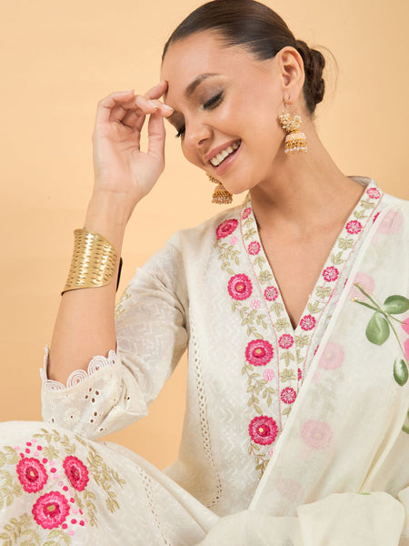 Pure Cotton Floral Embroidered Kurta with Trouser & Dupatta Kurta Set