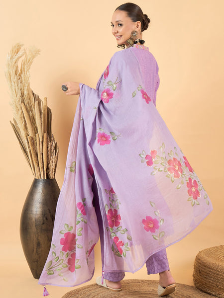 Pure Cotton Floral Embroidered Kurta with Trouser & Dupatta Kurta Set