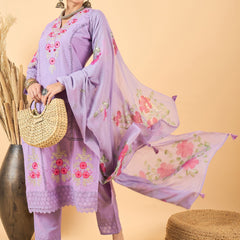 Pure Cotton Floral Embroidered Kurta with Trouser & Dupatta Kurta Set