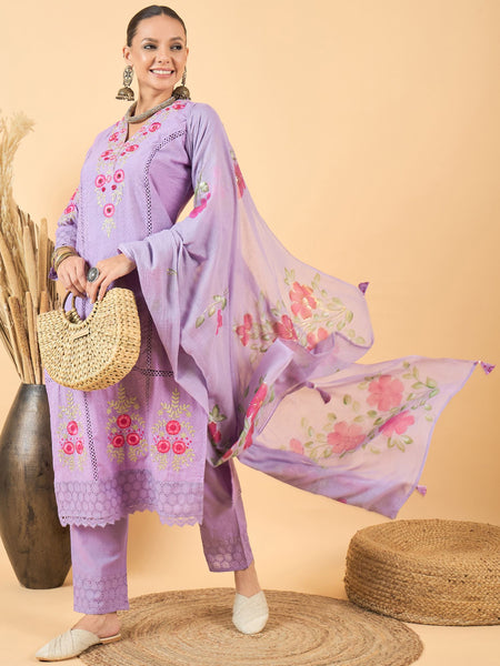 Pure Cotton Floral Embroidered Kurta with Trouser & Dupatta Kurta Set