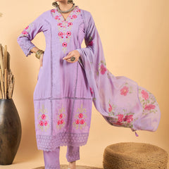 Pure Cotton Floral Embroidered Kurta with Trouser & Dupatta Kurta Set