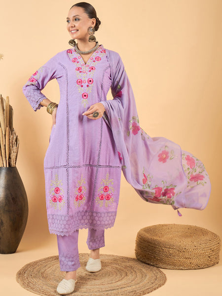 Pure Cotton Floral Embroidered Kurta with Trouser & Dupatta Kurta Set