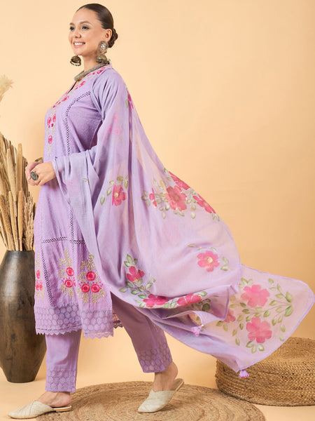 Pure Cotton Floral Embroidered Kurta with Trouser & Dupatta Kurta Set