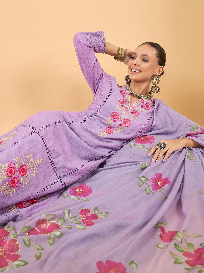 Pure Cotton Floral Embroidered Kurta with Trouser & Dupatta Kurta Set