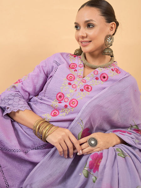 Pure Cotton Floral Embroidered Kurta with Trouser & Dupatta Kurta Set