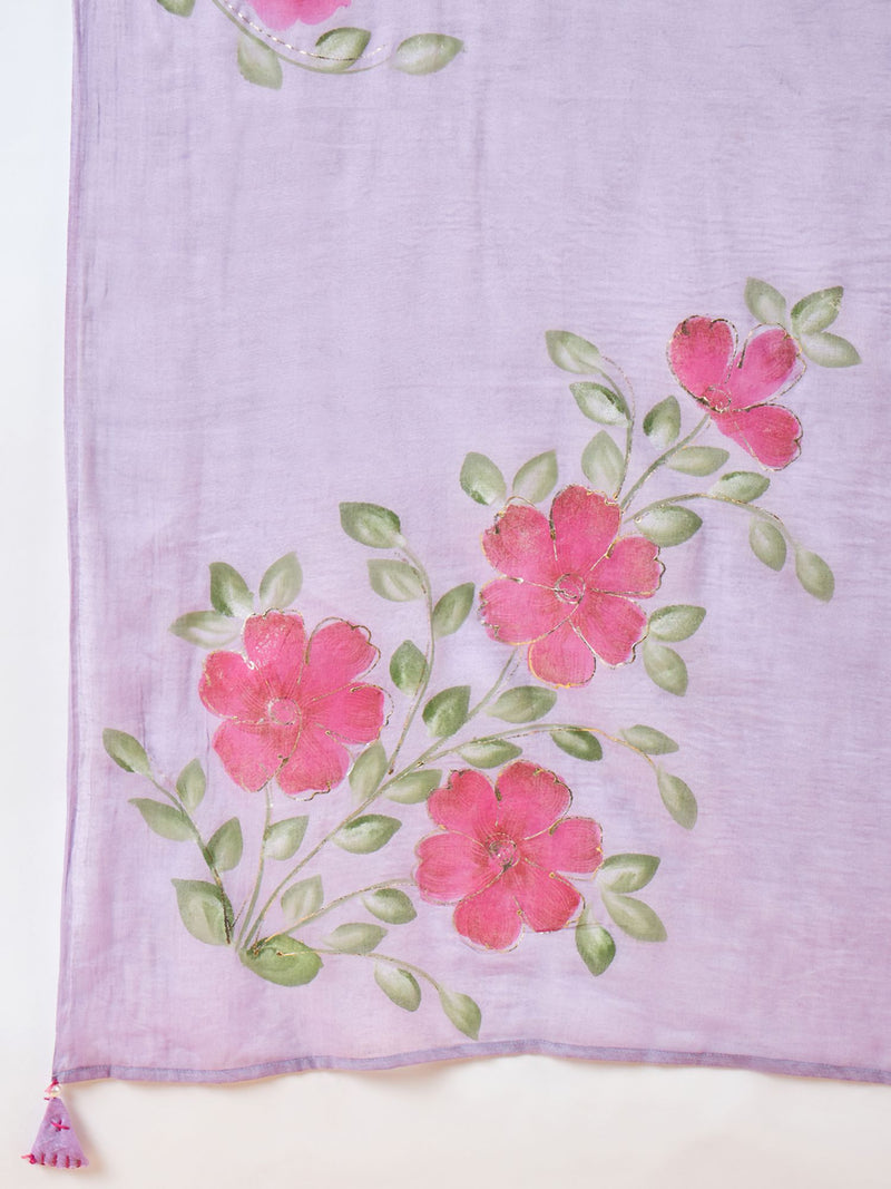 Pure Cotton Floral Embroidered Kurta with Trouser & Dupatta Kurta Set
