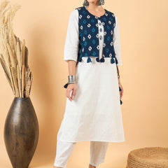 Ethnic Motifs Printed Pure Cotton Kurta with Trousers & Jacket