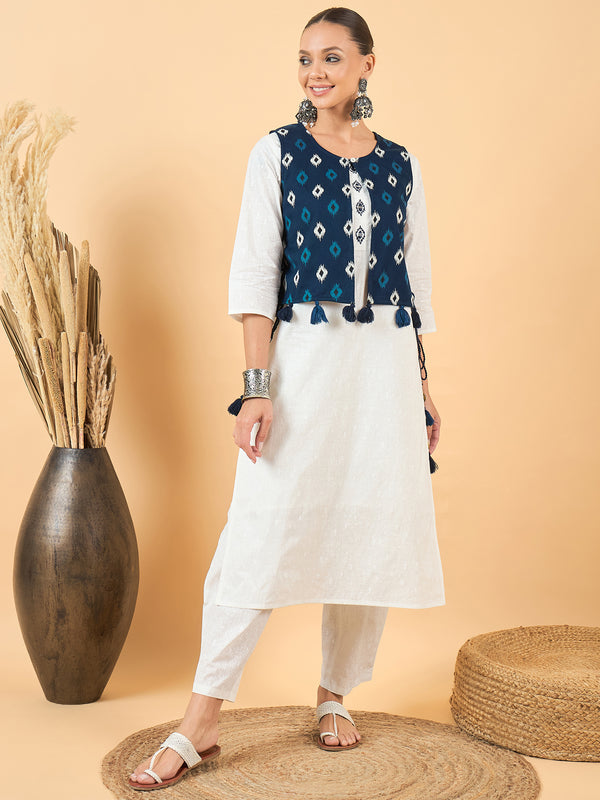 Ethnic Motifs Printed Pure Cotton Kurta with Trousers & Jacket