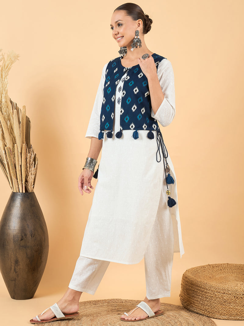 Ethnic Motifs Printed Pure Cotton Kurta with Trousers & Jacket
