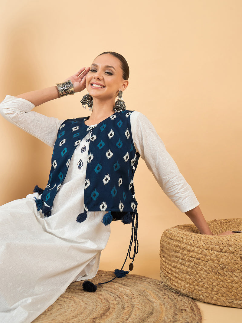 Ethnic Motifs Printed Pure Cotton Kurta with Trousers & Jacket