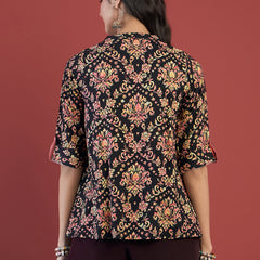 Ethnic Motifs Print Mandarin Collar Roll Up Sleeves Lace Up Regular Top