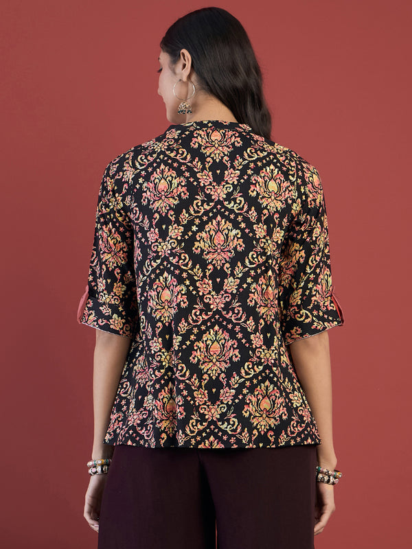 Ethnic Motifs Print Mandarin Collar Roll Up Sleeves Lace Up Regular Top