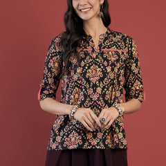 Ethnic Motifs Print Mandarin Collar Roll Up Sleeves Lace Up Regular Top