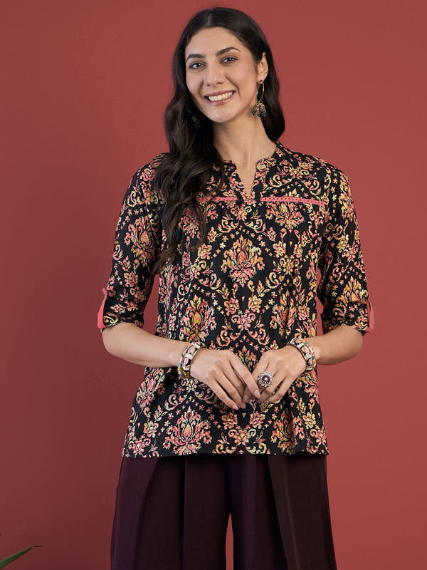 Ethnic Motifs Print Mandarin Collar Roll Up Sleeves Lace Up Regular Top