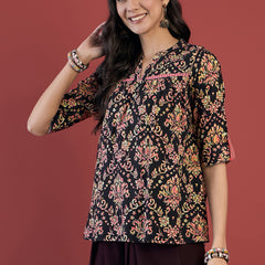Ethnic Motifs Print Mandarin Collar Roll Up Sleeves Lace Up Regular Top